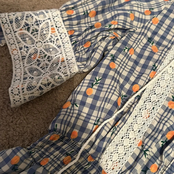 The Shirt Rochelle Behrens Plaid Ruffle Lace Oranges Print Tassle Mini Dress - Picture 4 of 6